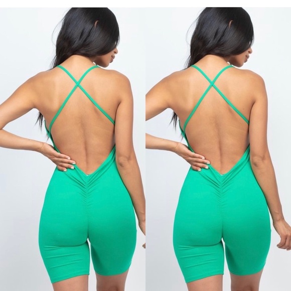 New Trendy Women’s Kelly Green Spaghetti Strap Cross Back Bodycon Romper - Picture 3 of 7